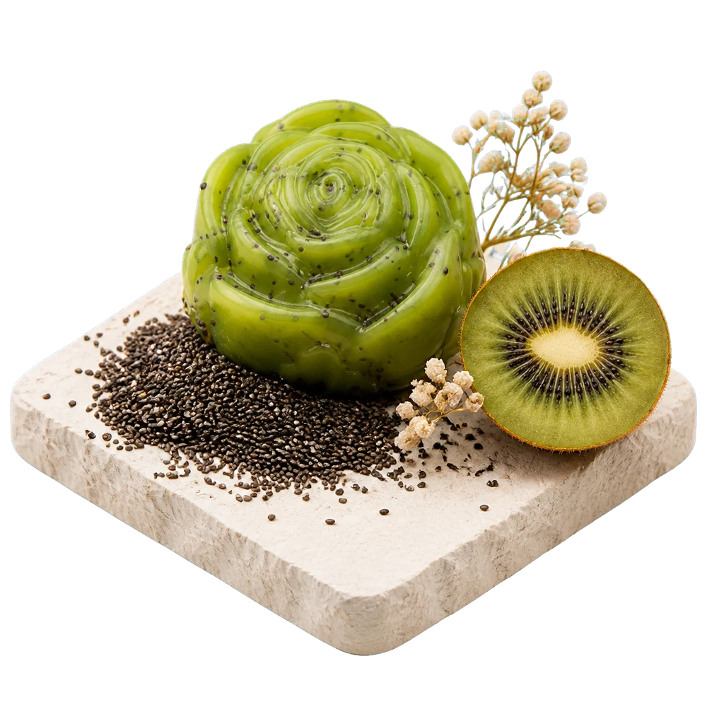 Jabón artesanal de chía y kiwi sobre pedestal de piedra clara