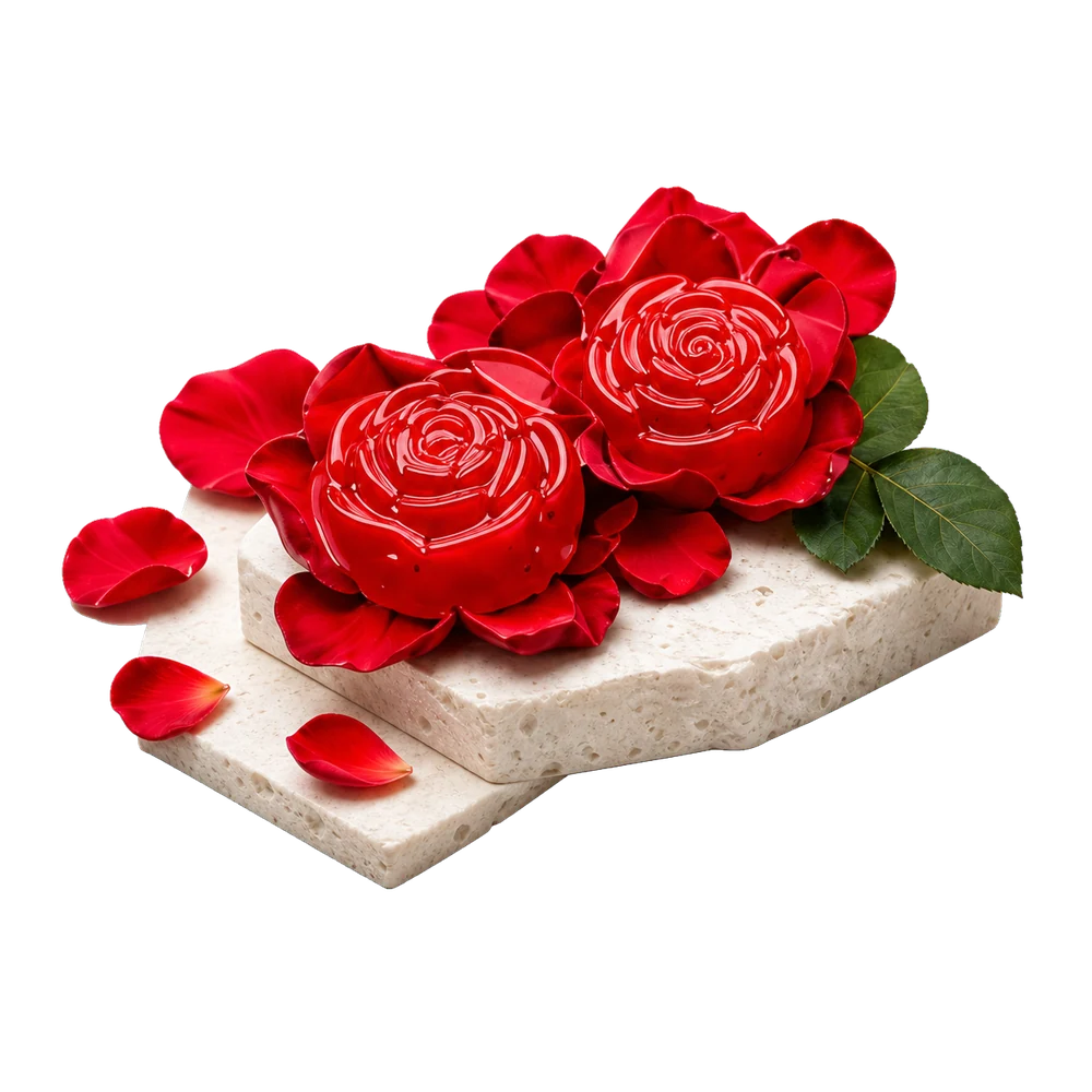 Jabón artesanal de rosas sobre pedestal de piedra clara